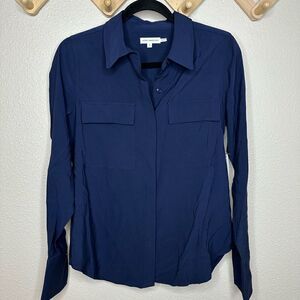 Good American Womens Hi-Low Point-Collar Button-Down Top Blue 1 US S